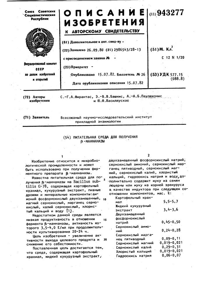 Питательная среда для получения @ -маннаназы (патент 943277)