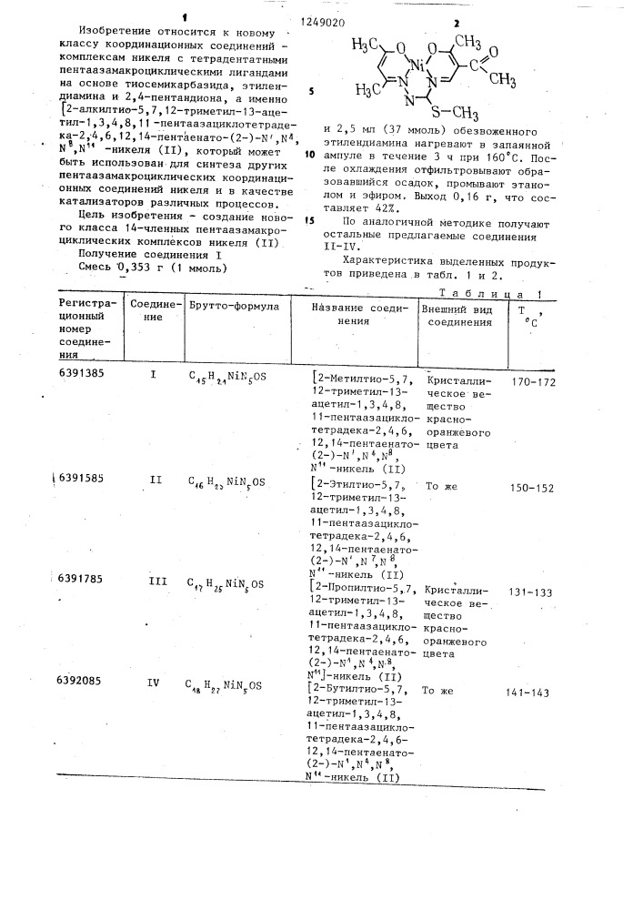 @ 2-алкилтио-5,7,12-триметил-13-ацетил-1,3,4,8,11- пентаазациклотетрадека-2,4,6,12,14-пентаенато-(2)- @ , @ , @ , @ никель (п) (патент 1249020)