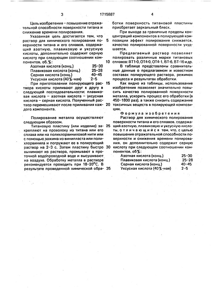 Раствор для химического полирования поверхности титана и его сплавов (патент 1715887)