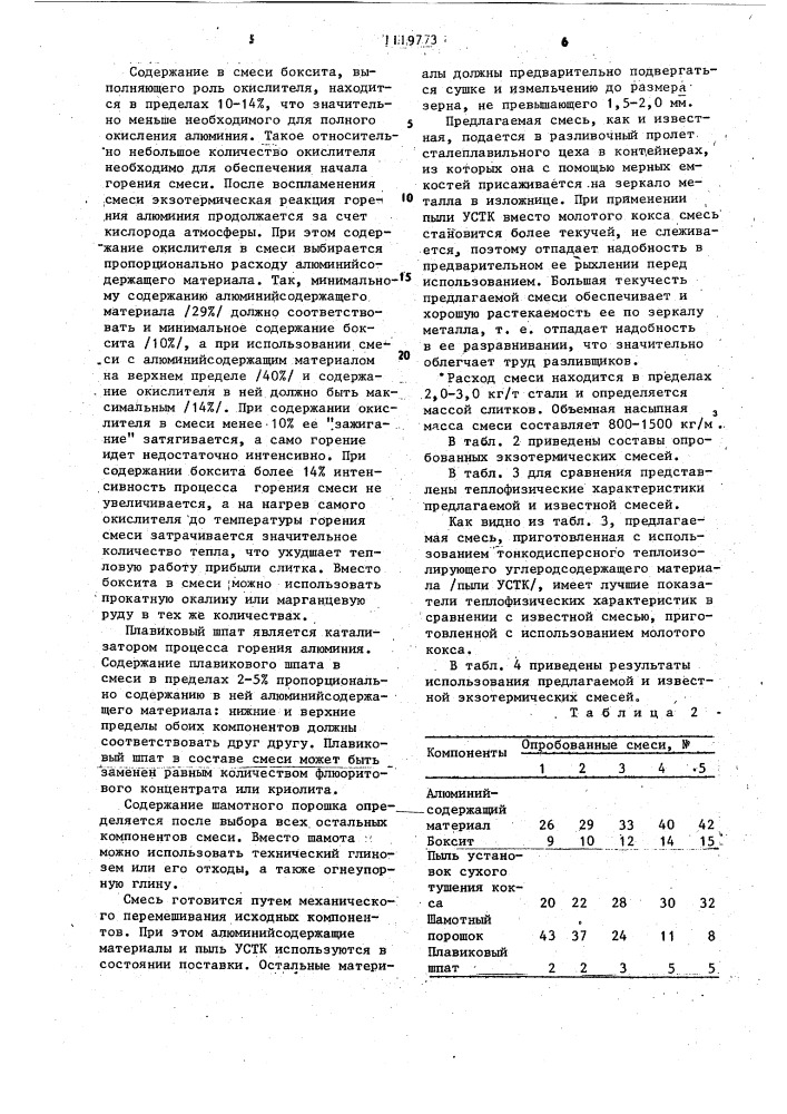 Экзотермическая смесь для прибыльной части стального слитка (патент 1119773)