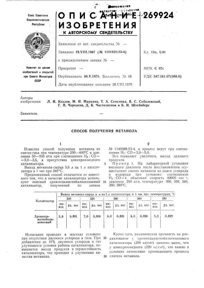 Способ получения метанола (патент 269924)