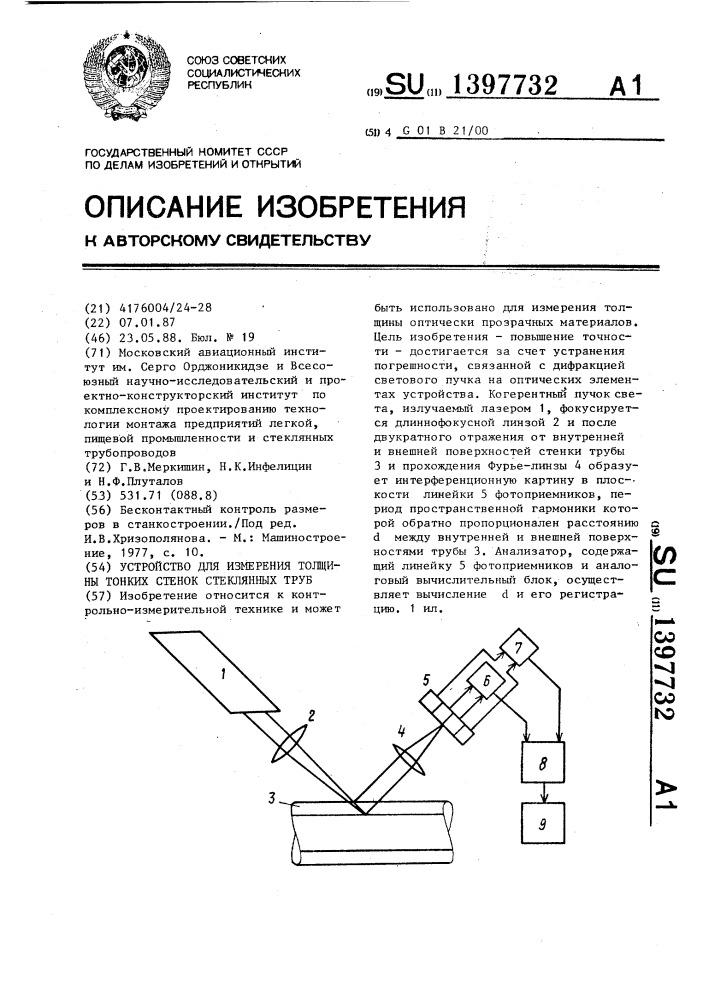 Устройство для измерения тонких стенок стеклянных труб (патент 1397732)