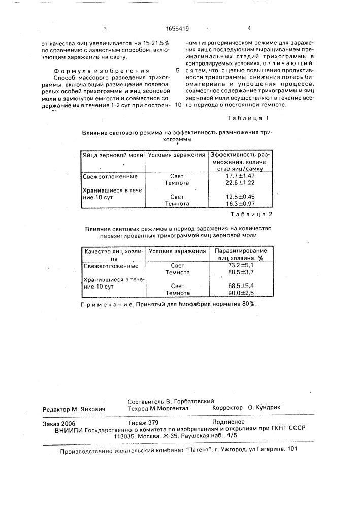 Способ массового разведения трихограммы (патент 1655419)