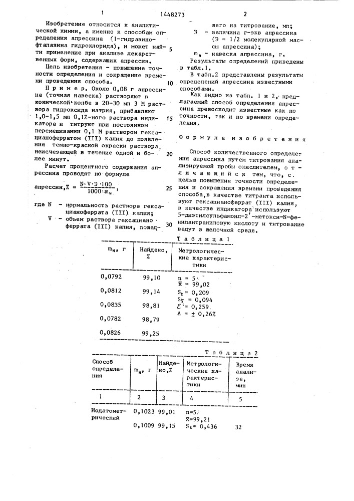 Способ количественного определения апрессина (патент 1448273)