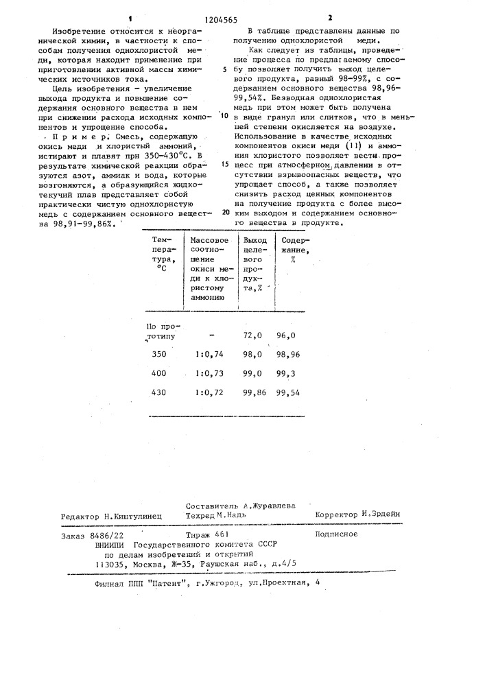 Способ получения однохлористой меди (патент 1204565)