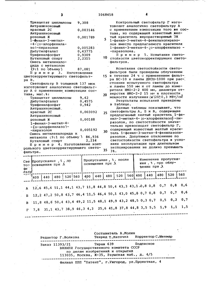 Композиция для изготовления цветокорректирующего пленочного светофильтра (патент 1068458)