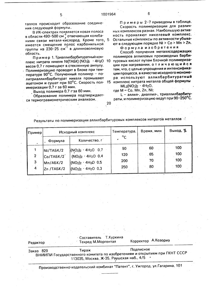 Способ получения металлсодержащих полимеров аллиловых производных барбитуровых кислот (патент 1801964)