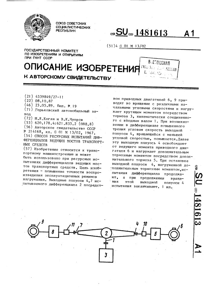 Способ ресурсных испытаний дифференциалов ведущих мостов транспортных средств (патент 1481613)