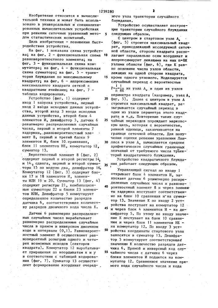 Устройство для моделирования квадратичного блуждания (патент 1259280)