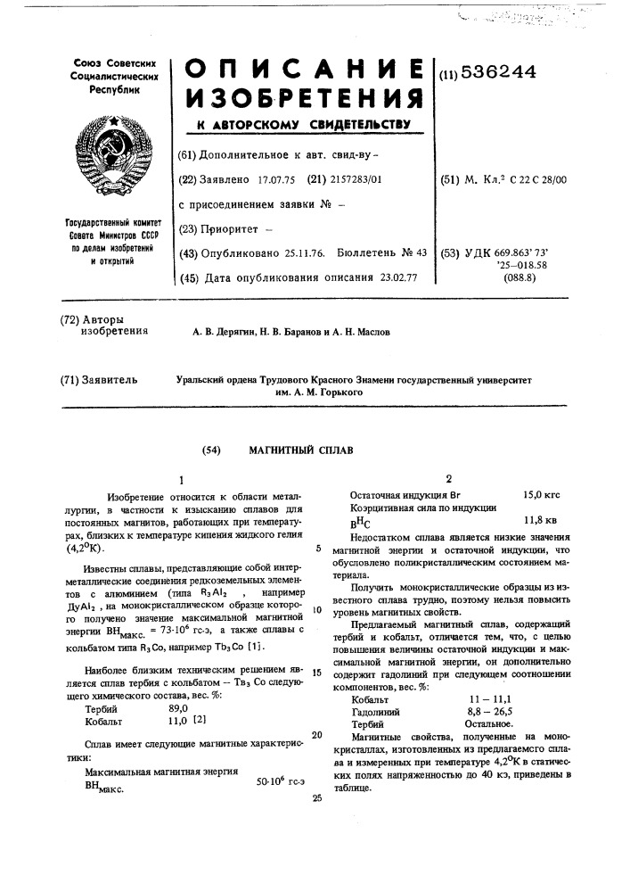 Магнитный сплав (патент 536244)