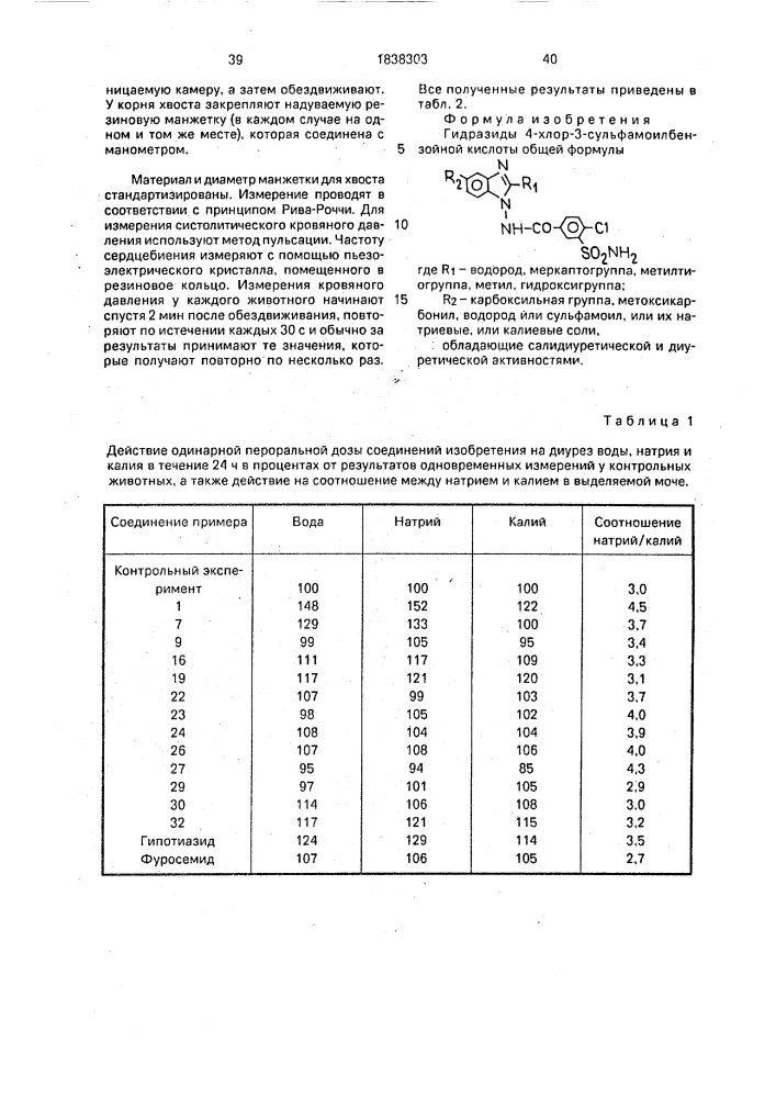 Гидразиды 4-хлор-3-сульфамоилбензойной кислоты, обладающие салидиуретической и диуретической активностями (патент 1838303)