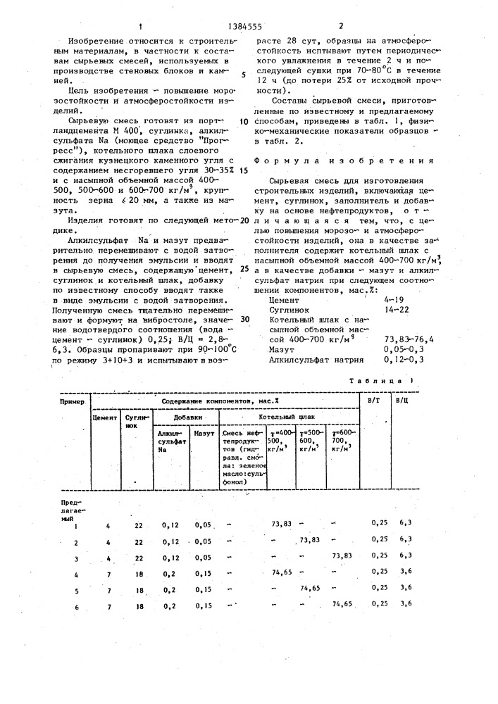 Сырьевая смесь для изготовления строительных изделий (патент 1384555)