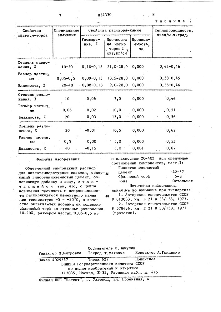 Облегченный тампонажный раствордля низкотемпературных скважин (патент 834330)