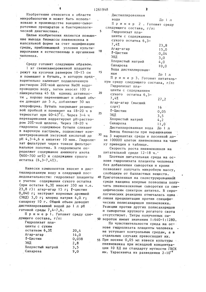 Питательная среда для культивирования пневмококков (патент 1261948)