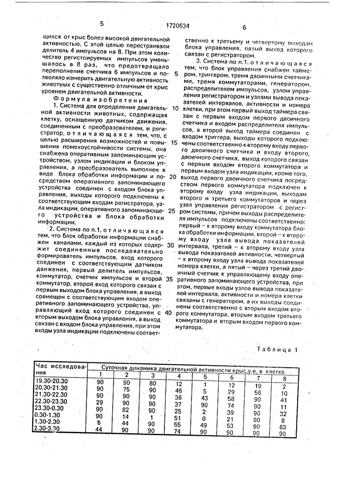 Система для определения двигательной активности животных (патент 1720634)