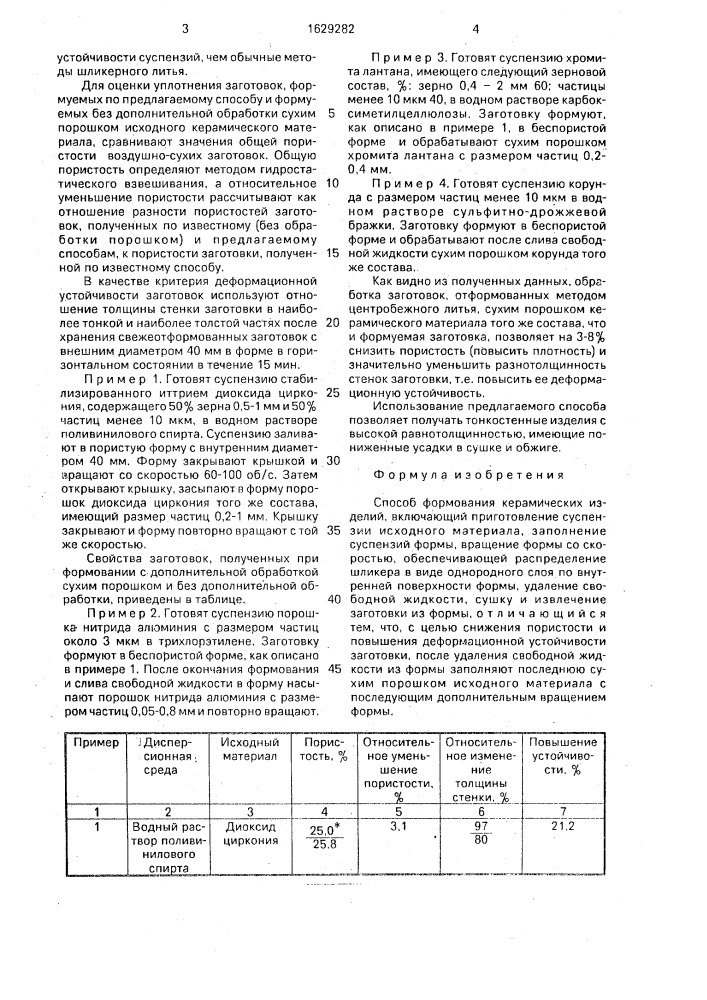 Способ формования керамических изделий (патент 1629282)