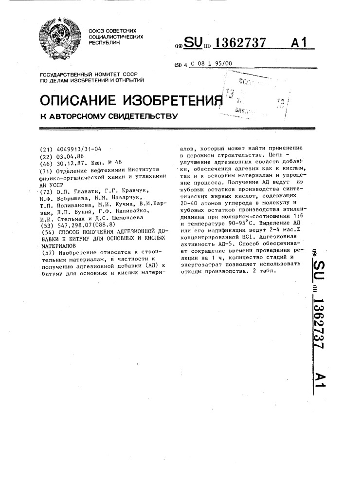 Способ получения адгезионной добавки к битуму для основных и кислых материалов (патент 1362737)