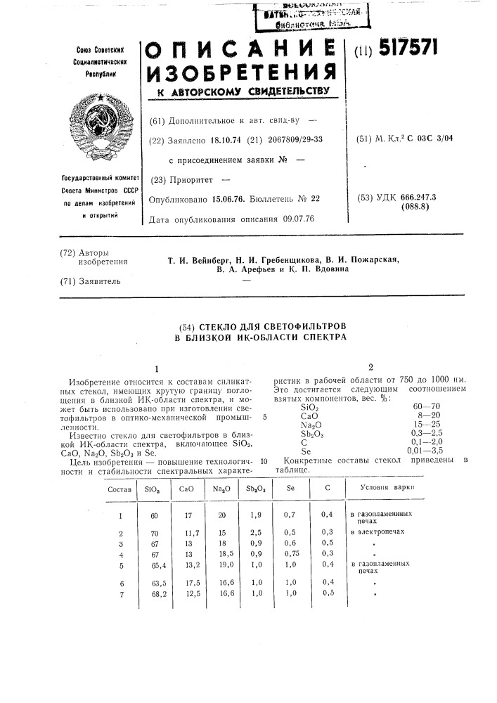 Стекло для светофильтров в близкой ик-области спектра (патент 517571)