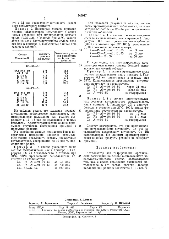 Катализатор для гидрирования органическихсоединений (патент 345947)