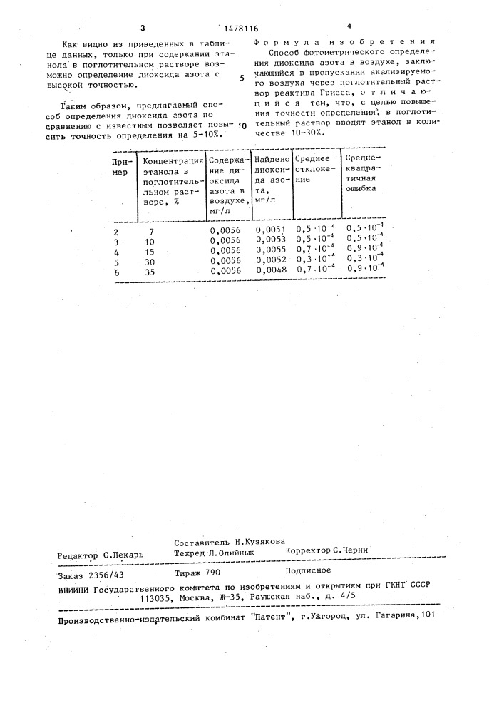 Способ фотометрического определения диоксида азота в воздухе (патент 1478116)