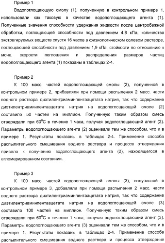 Водопоглощающий агент в виде частиц, содержащий в качестве основного компонента водопоглощающую смолу (варианты), поглощающее изделие на его основе и варианты способа получения водопоглощающего агента (патент 2338763)