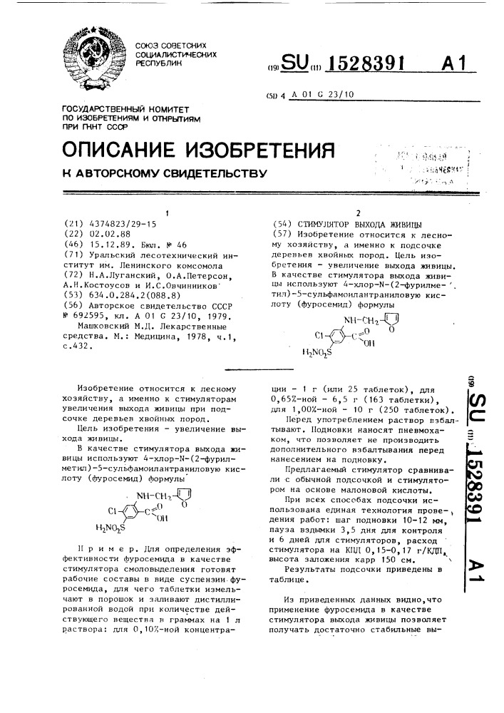 Стимулятор выхода живицы (патент 1528391)