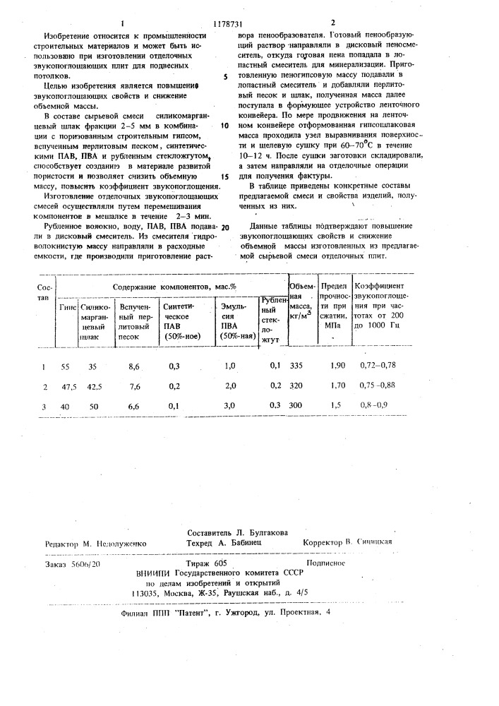 Сырьевая смесь для изготовления отделочных звукопоглощающих плит (патент 1178731)