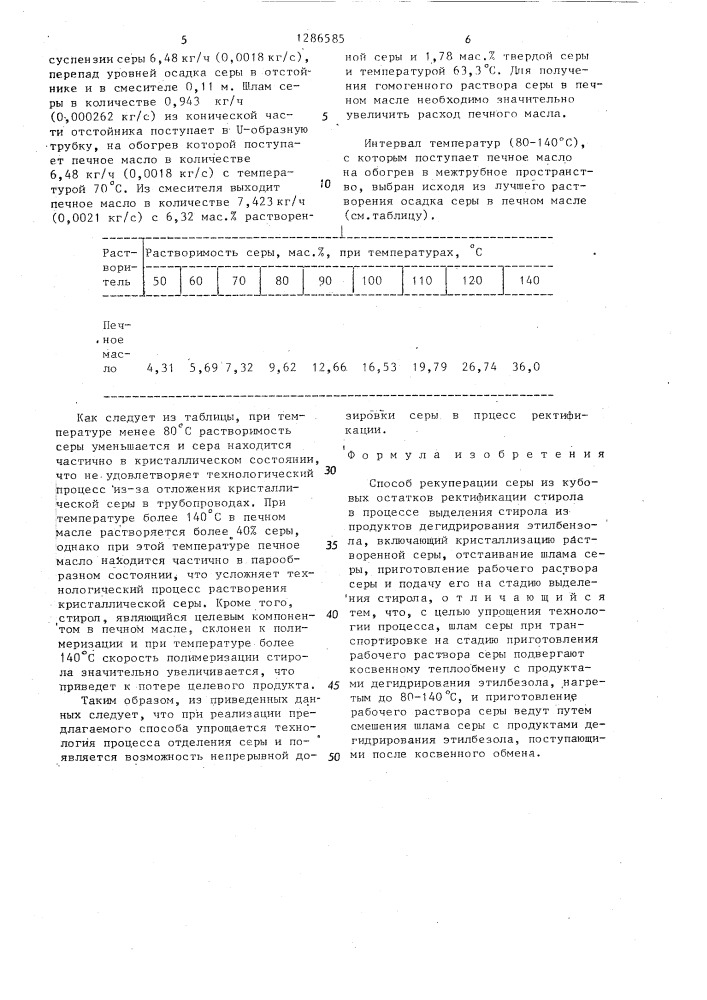 Способ рекуперации серы из кубовых остатков ректификации стирола (патент 1286585)