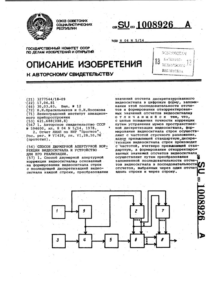 Способ двумерной апертурной коррекции видеосигнала и устройство для его реализации (патент 1008926)