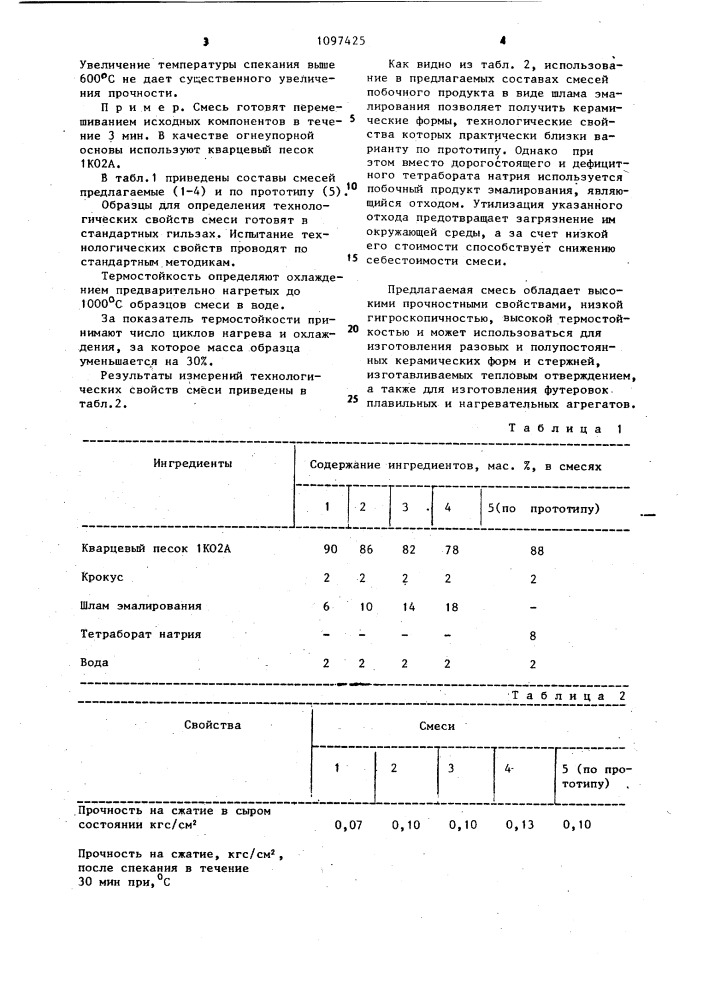 Смесь для изготовления литейных керамических форм и стержней теплового отверждения (патент 1097425)