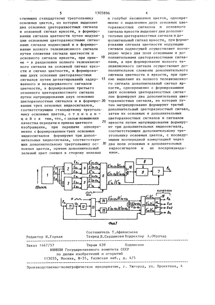 Способ передачи и приема видеосигнала цветного изображения (патент 1305896)