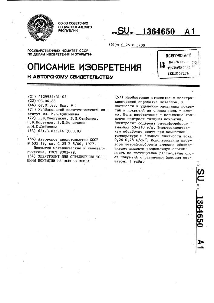 Электролит для определения толщины покрытий на основе олова (патент 1364650)