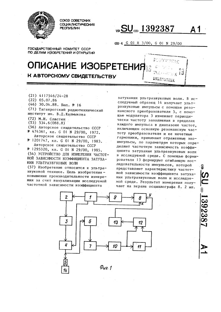 Устройство для измерения частотной зависимости коэффициента затухания ультразвуковых волн (патент 1392387)