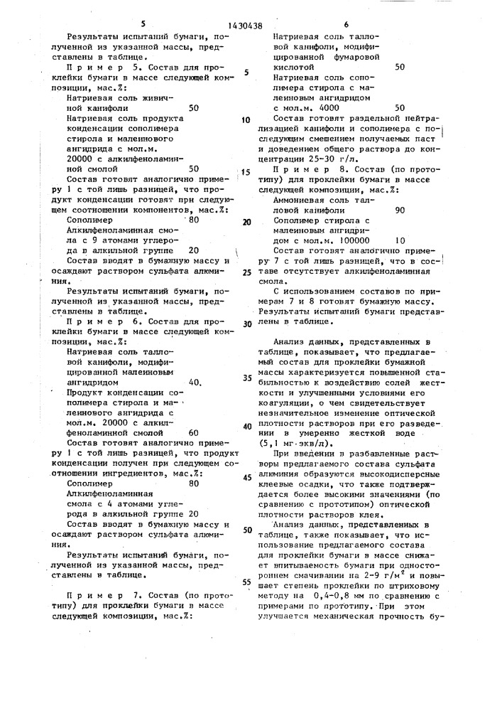 Состав для проклейки бумажной массы (патент 1430438)