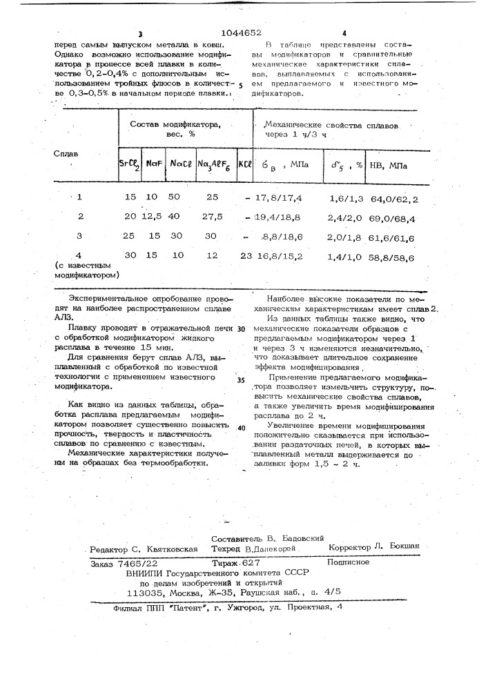 Модификатор для сплавов алюминия с кремнием (патент 1044652)