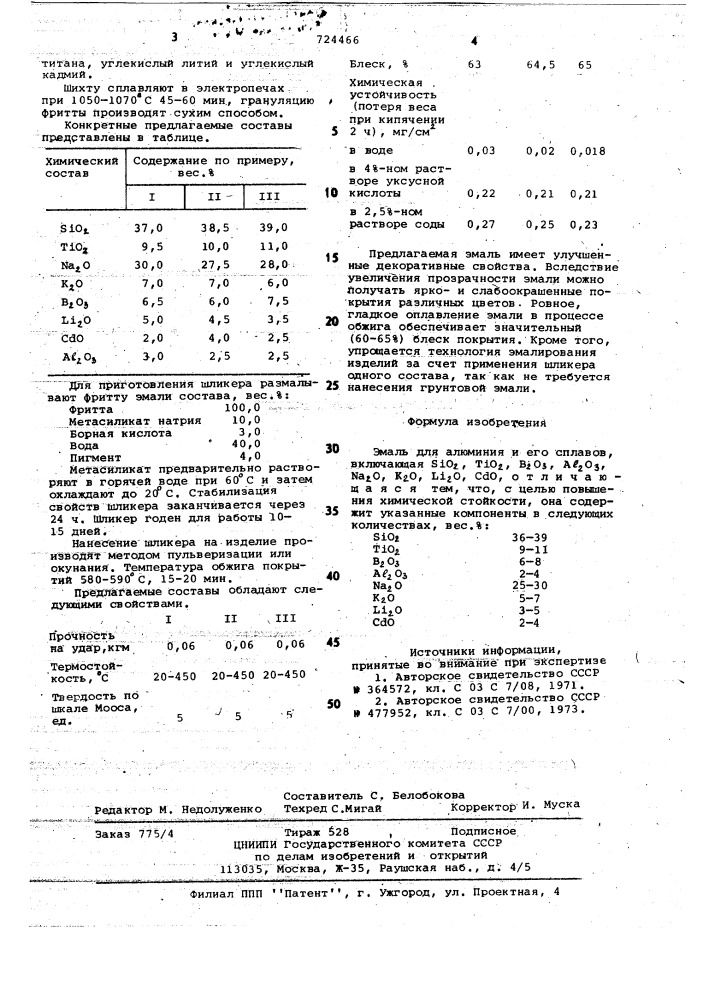 Эмаль для алюминия и его сплавов (патент 724466)