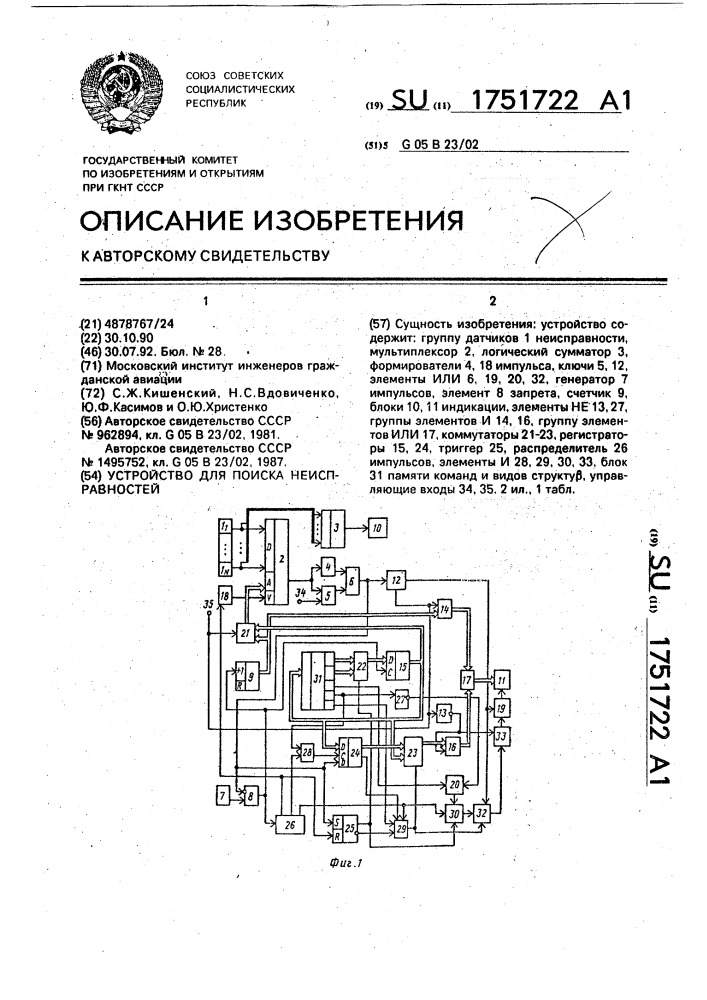 Устройство для поиска неисправностей (патент 1751722)