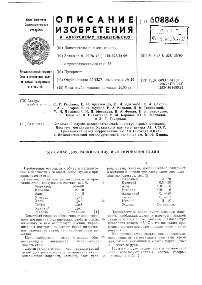 Сплав для раскисления и легирования стали (патент 608846)