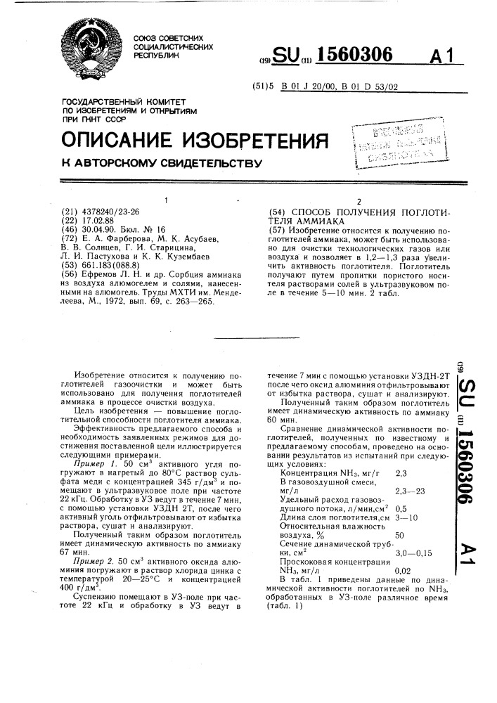 Способ получения поглотителя аммиака (патент 1560306)
