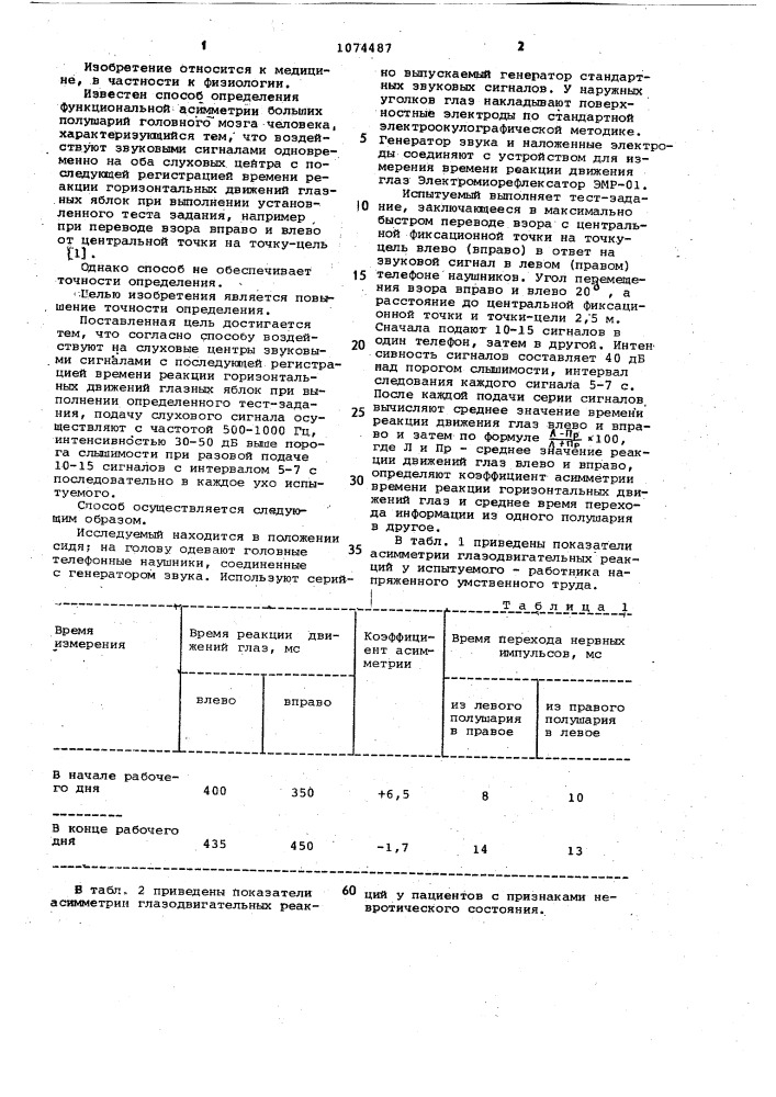 Способ исследования функциональной асимметрии больших полушарий головного мозга человека (патент 1074487)