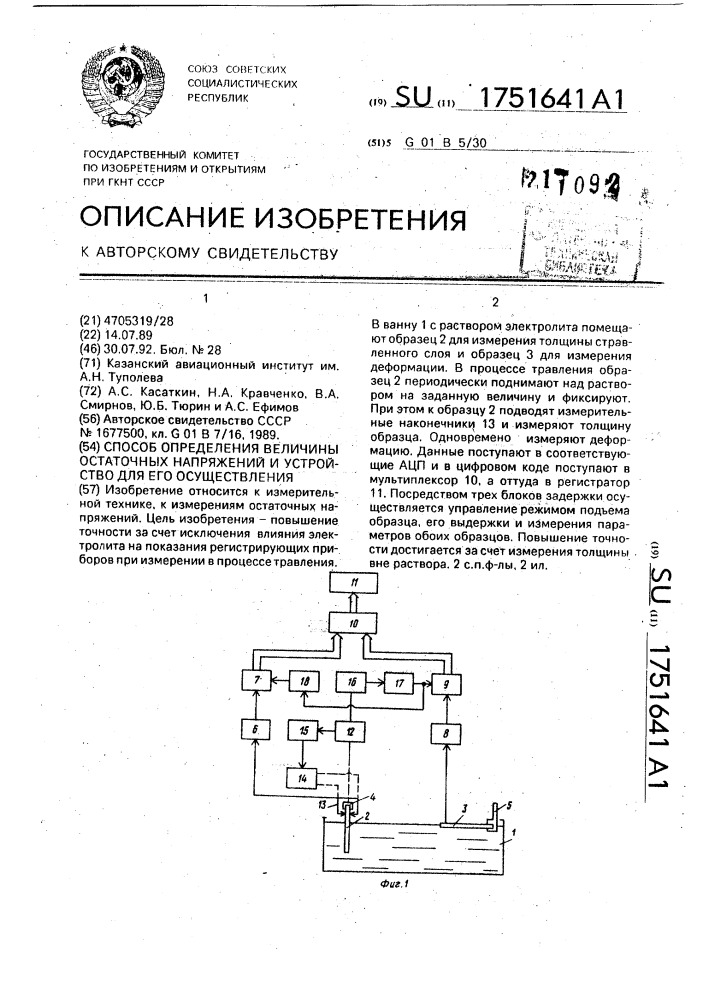 Способ определения величины остаточных напряжений и устройство для его осуществления (патент 1751641)