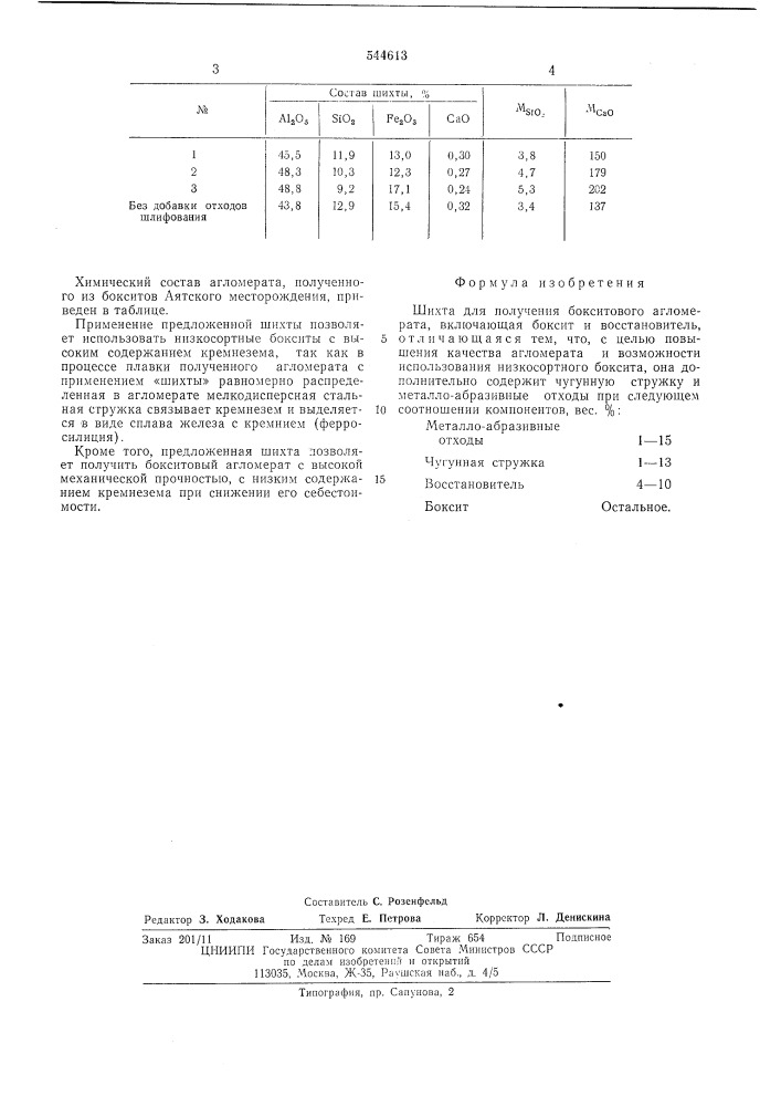 Шихта для получения бокситового агломерата (патент 544613)