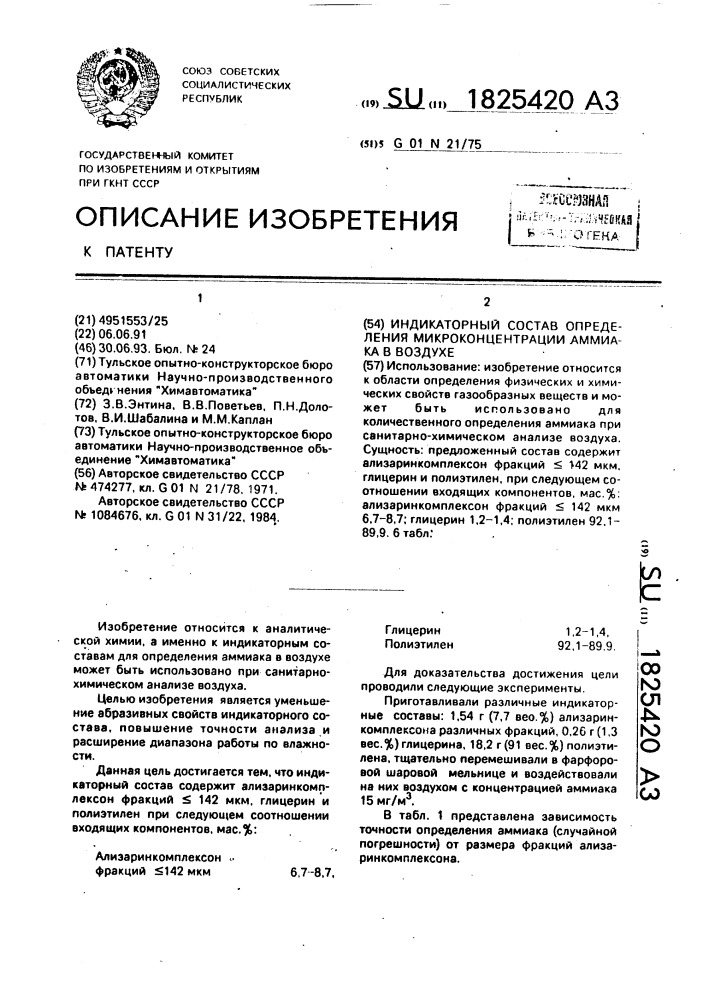 Индикаторный состав для определения микроконцентрации аммиака в воздухе (патент 1825420)