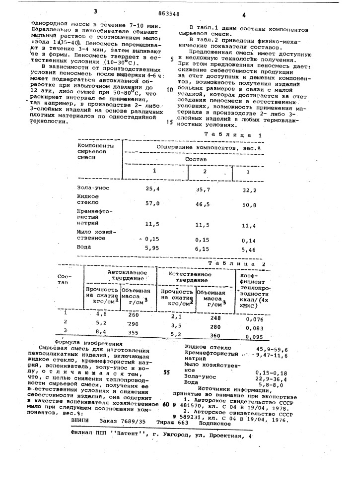 Сырьевая смесь для изготовления пеносиликатных изделий (патент 863548)