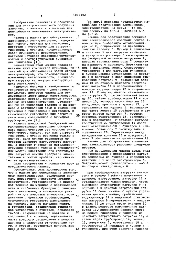 Машина для обслуживания алюминиевых электролизеров (патент 1016402)