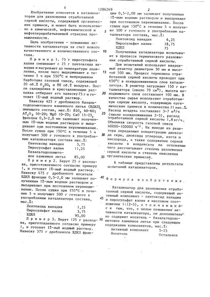 Катализатор для разложения отработанной серной кислоты (патент 1286269)