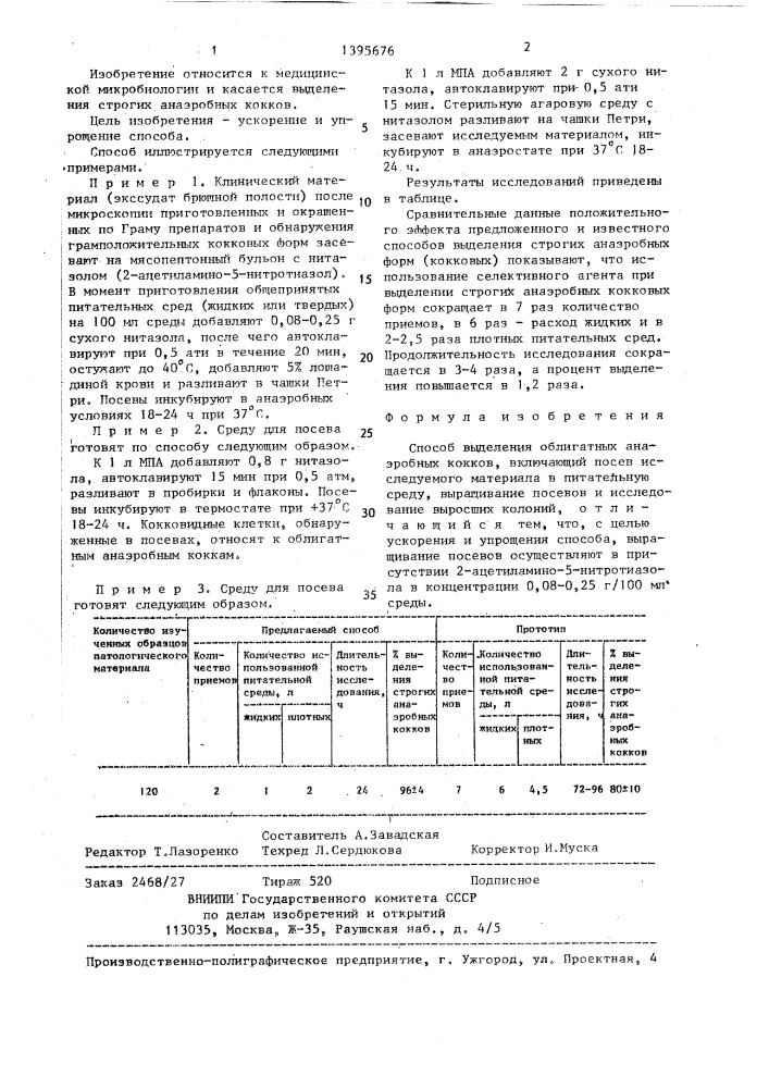 Способ выделения облигатных анаэробных кокков (патент 1395676)
