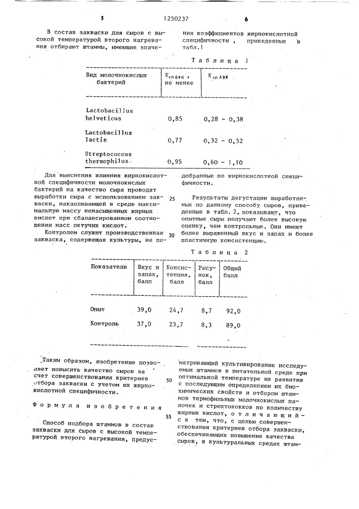 Способ подбора штаммов в состав закваски для сыров с высокой температурой второго нагревания (патент 1250237)