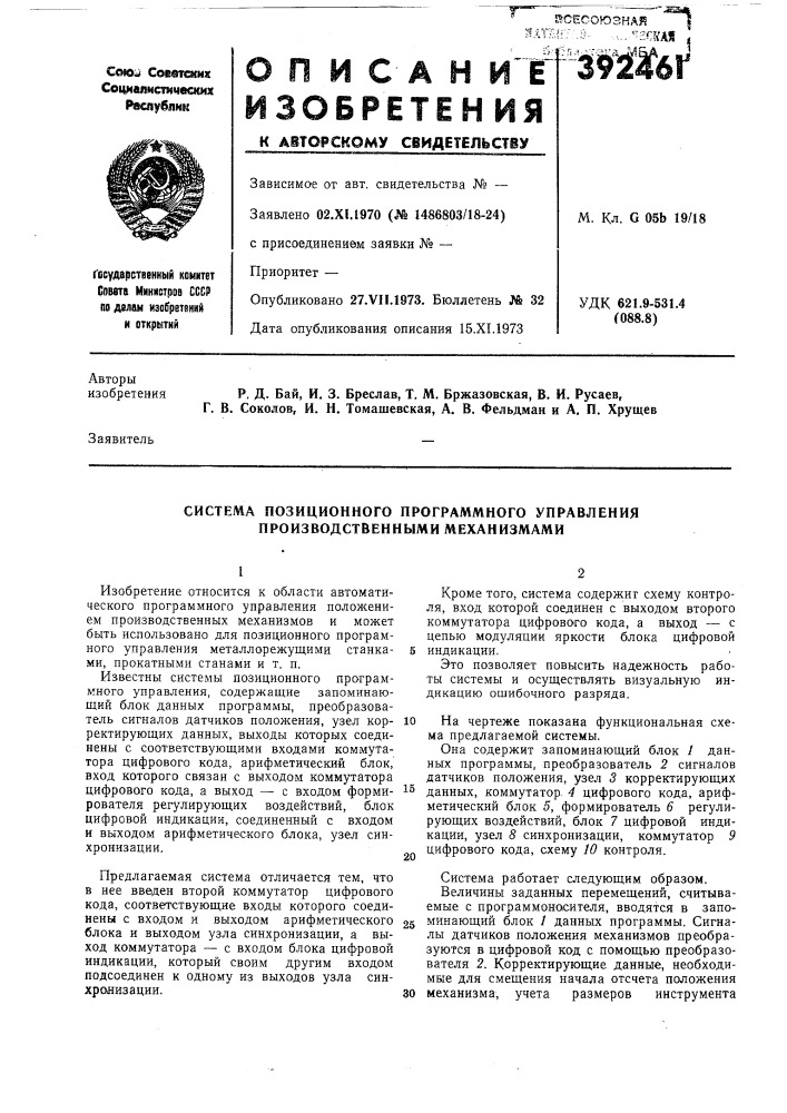 Ксесоюзна8|яаш т'.;)- ,,,&lt;'2сш1м. кл. g 05b 19/18удк 621.9-531.4 (088.8)авторы (патент 392461)