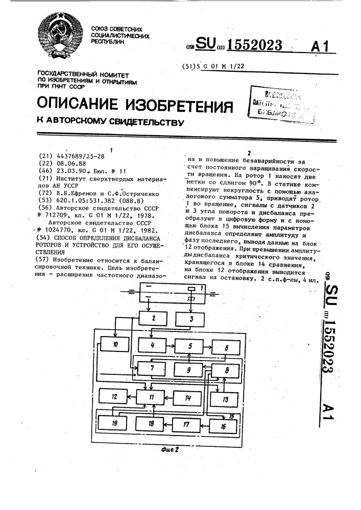 Способ определения дисбаланса роторов и устройство для его осуществления (патент 1552023)